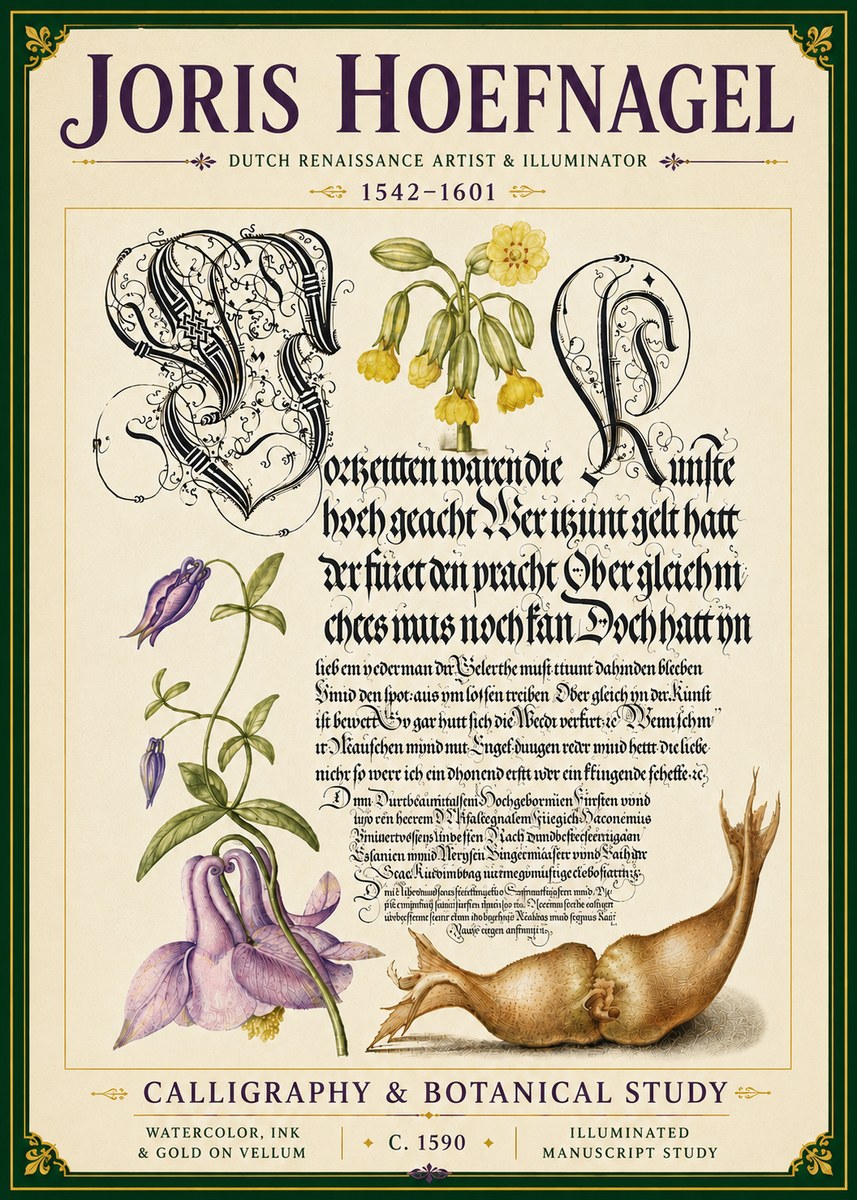 Joris Hoefnagel Calligraphy & Botanical Study No6 - Plakát