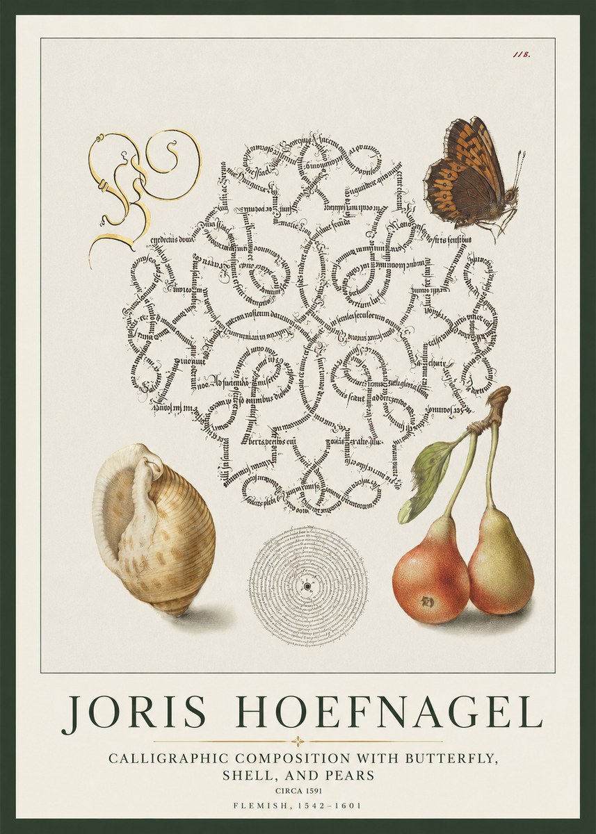 Joris Hoefnagel Calligraphic Composition with Butterfly, Shell, and Pears No1 - Plakát