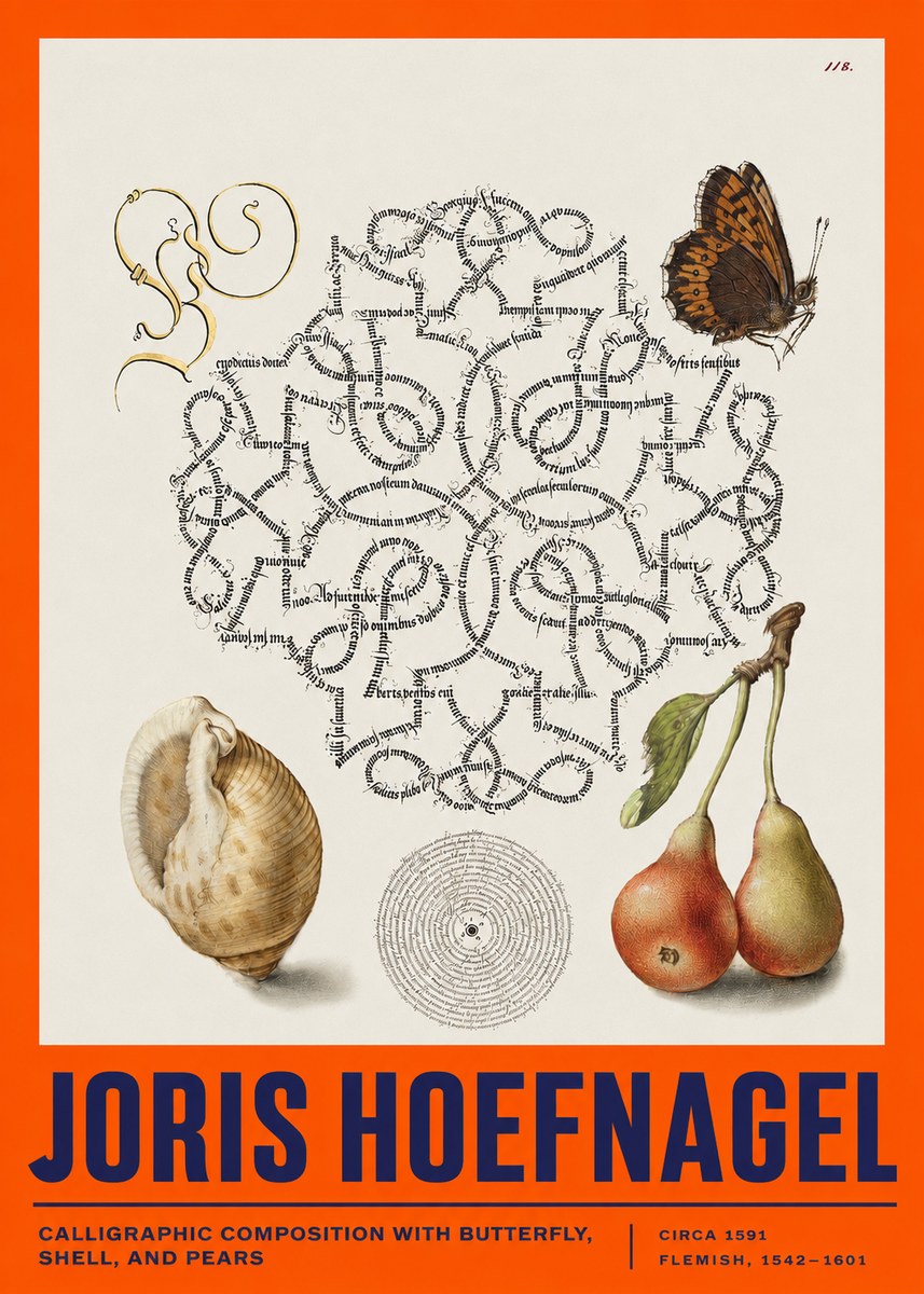 Joris Hoefnagel Calligraphic Composition with Butterfly, Shell, and Pears No2 - Plakát