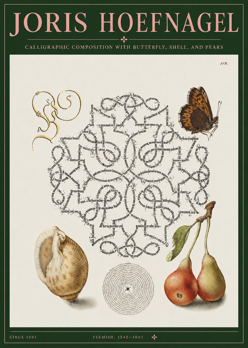 Joris Hoefnagel Calligraphic Composition with Butterfly, Shell, and Pears No3 - Plakát