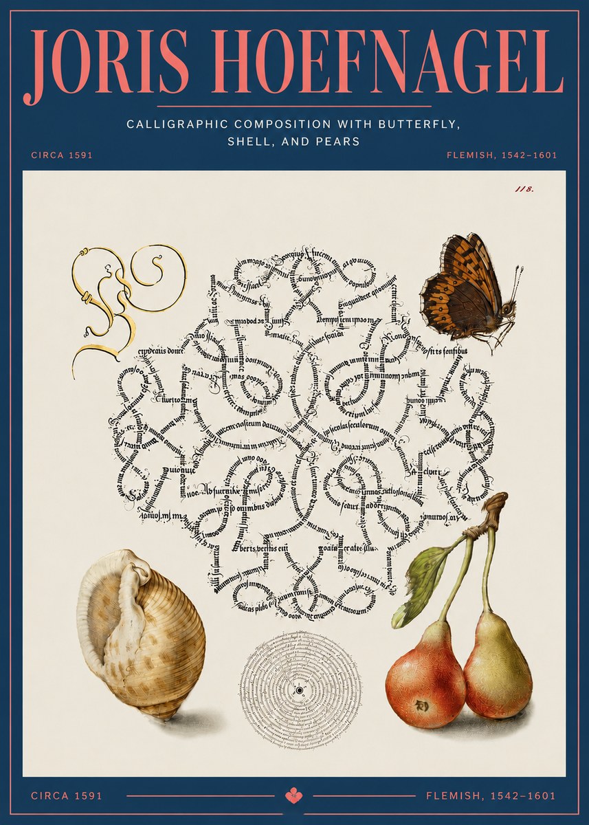 Joris Hoefnagel Calligraphic Composition with Butterfly, Shell, and Pears No4 - Plakát
