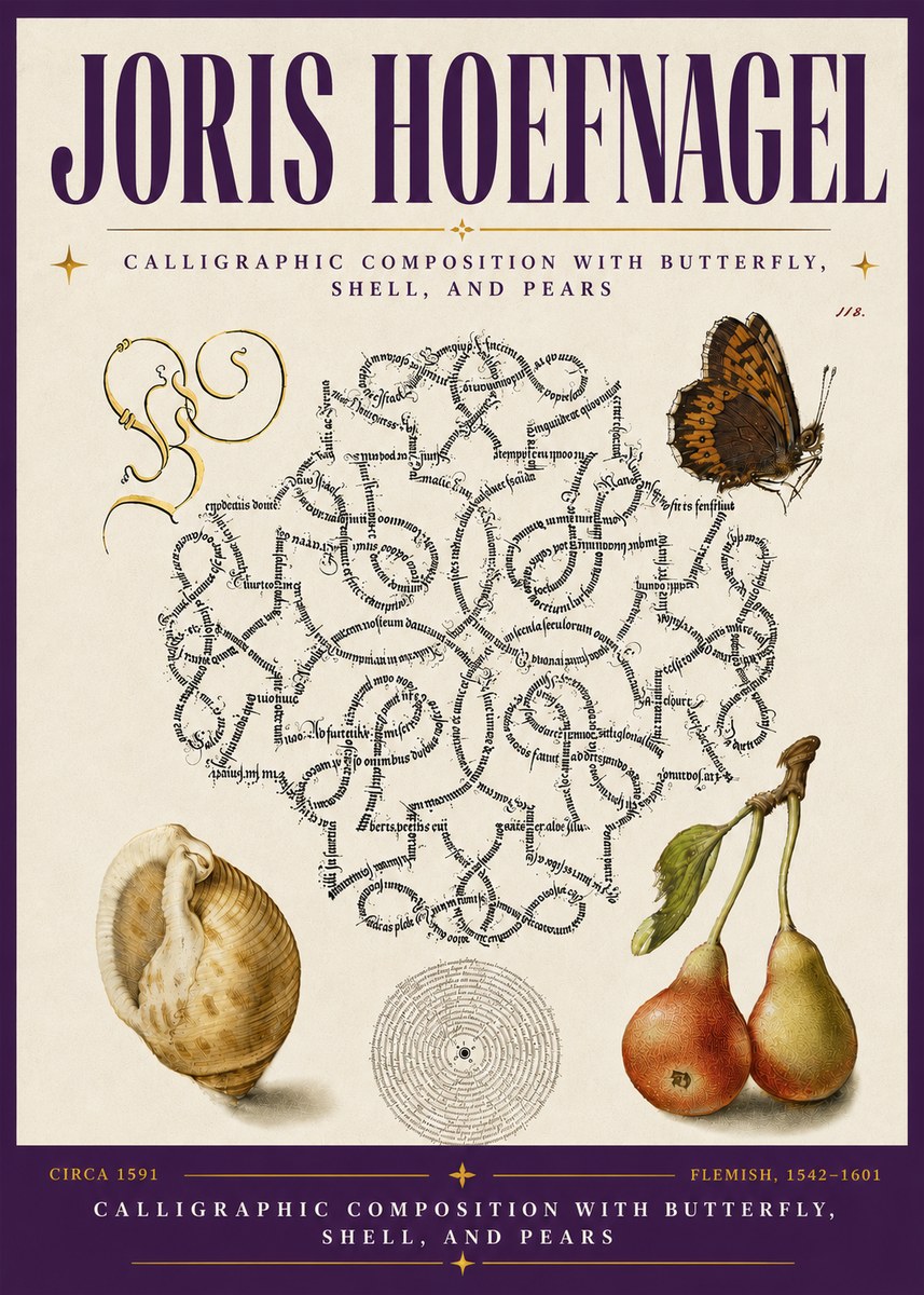 Joris Hoefnagel Calligraphic Composition with Butterfly, Shell, and Pears No6 - Plakát