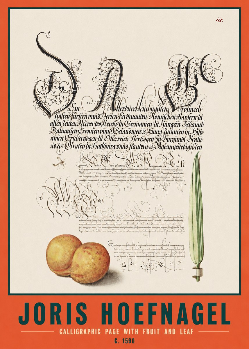Joris Hoefnagel Calligraphic Page with Fruit and Leaf No2 - Plakát