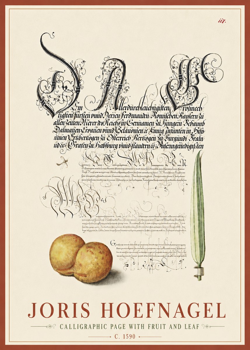 Joris Hoefnagel Calligraphic Page with Fruit and Leaf No6 - Plakát