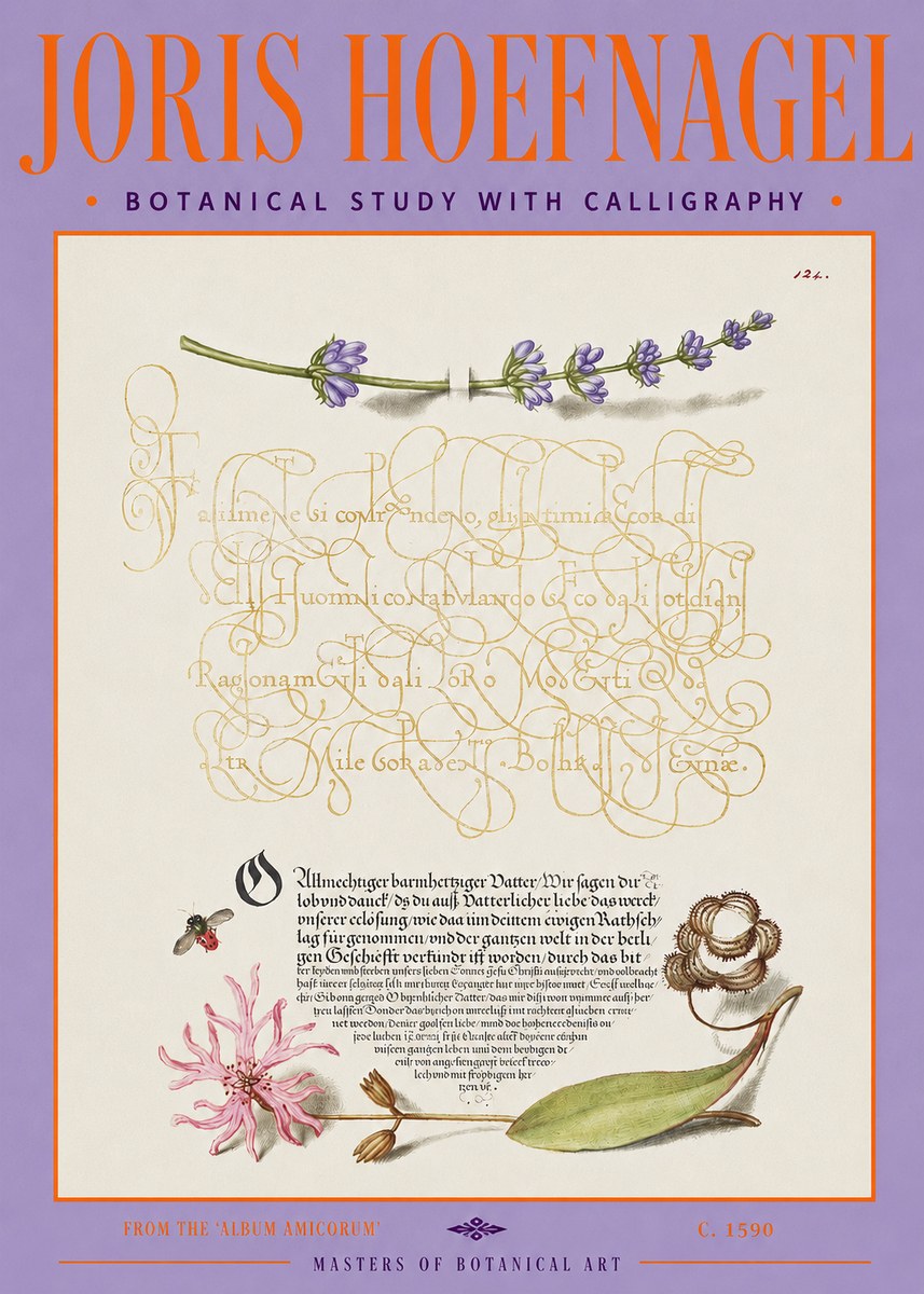 Joris Hoefnagel Botanical Study with Calligraphy IV No3 - Plakát