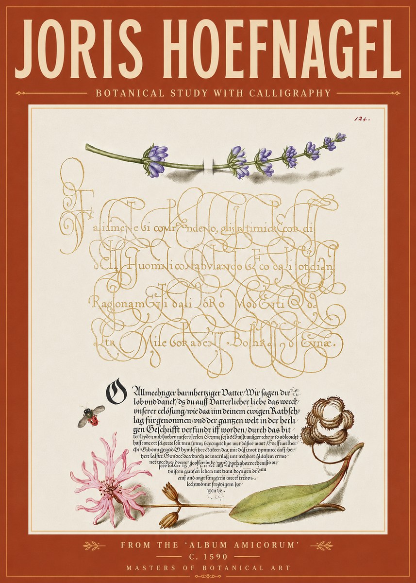 Joris Hoefnagel Botanical Study with Calligraphy IV No6 - Plakát