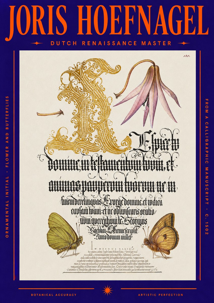 Joris Hoefnagel Ornamental Capital with Flower and Butterflies No6 - Plakát