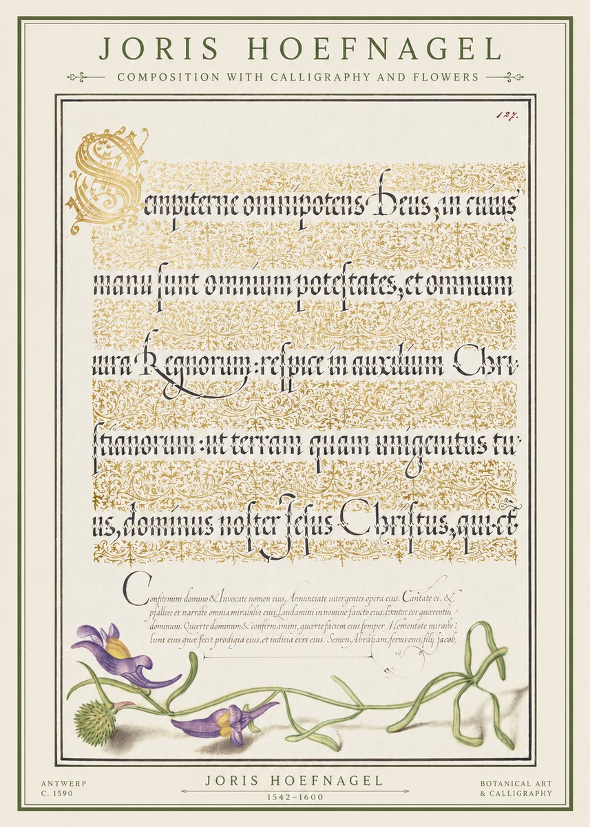 Joris Hoefnagel Composition with Calligraphy and Flowers No1 - Plakát