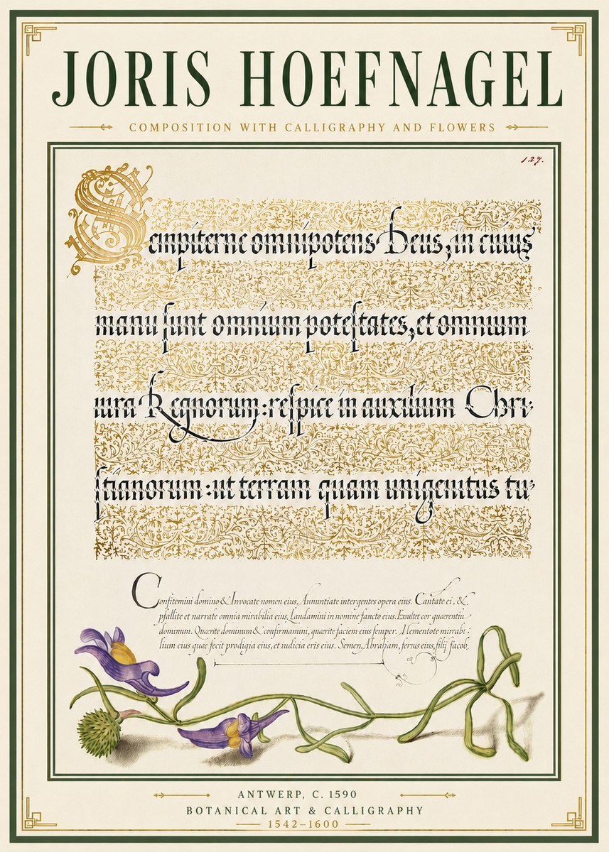 Joris Hoefnagel Composition with Calligraphy and Flowers No6 - Plakát