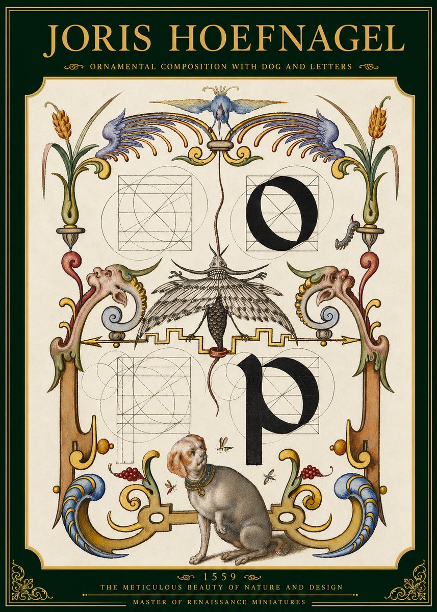 Joris Hoefnagel Ornamental Composition with Dog and Letters No5 - Plakát