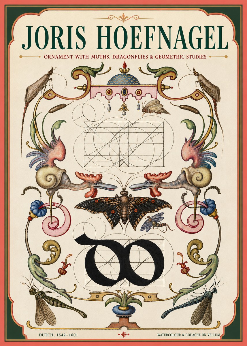Joris Hoefnagel Ornament with Moths, Dragonflies & Geometric Studies No4 - Plakát
