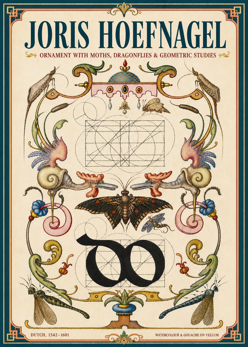 Joris Hoefnagel Ornament with Moths, Dragonflies & Geometric Studies No6 - Plakát