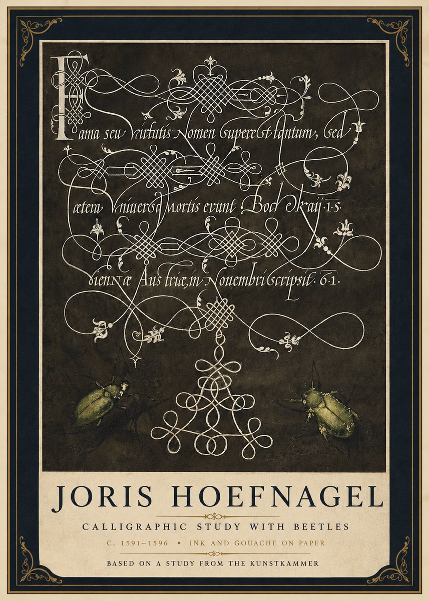 Joris Hoefnagel Calligraphic Study with Beetles No5 - Plakát