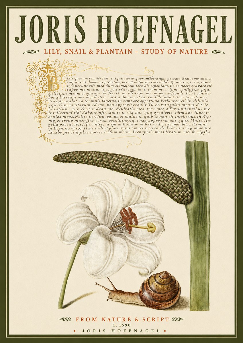 Joris Hoefnagel Lily, Snail & Plantain - Study of Nature No4 - Plakát