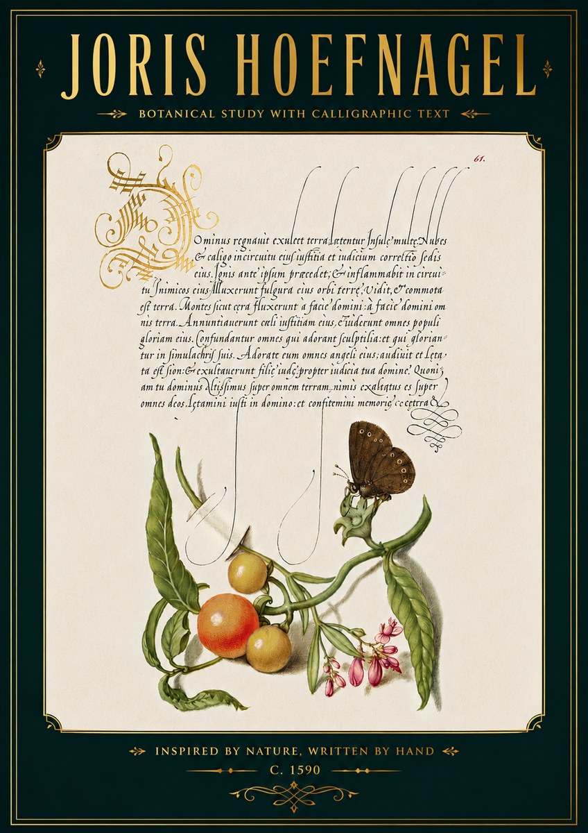 Joris Hoefnagel Botanical Study with Calligraphic Text No5 - Plakát