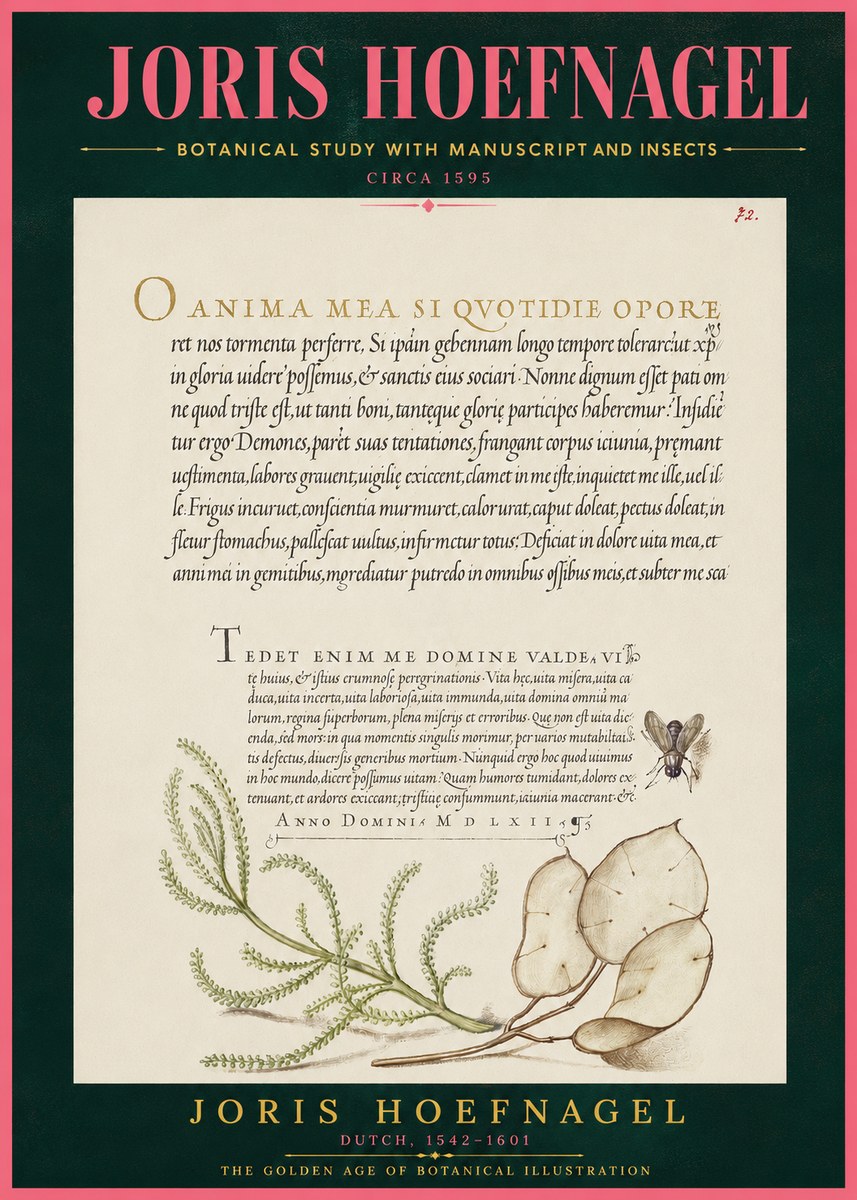 Joris Hoefnagel Botanical Study with Manuscript and Insects No4 - Plakát