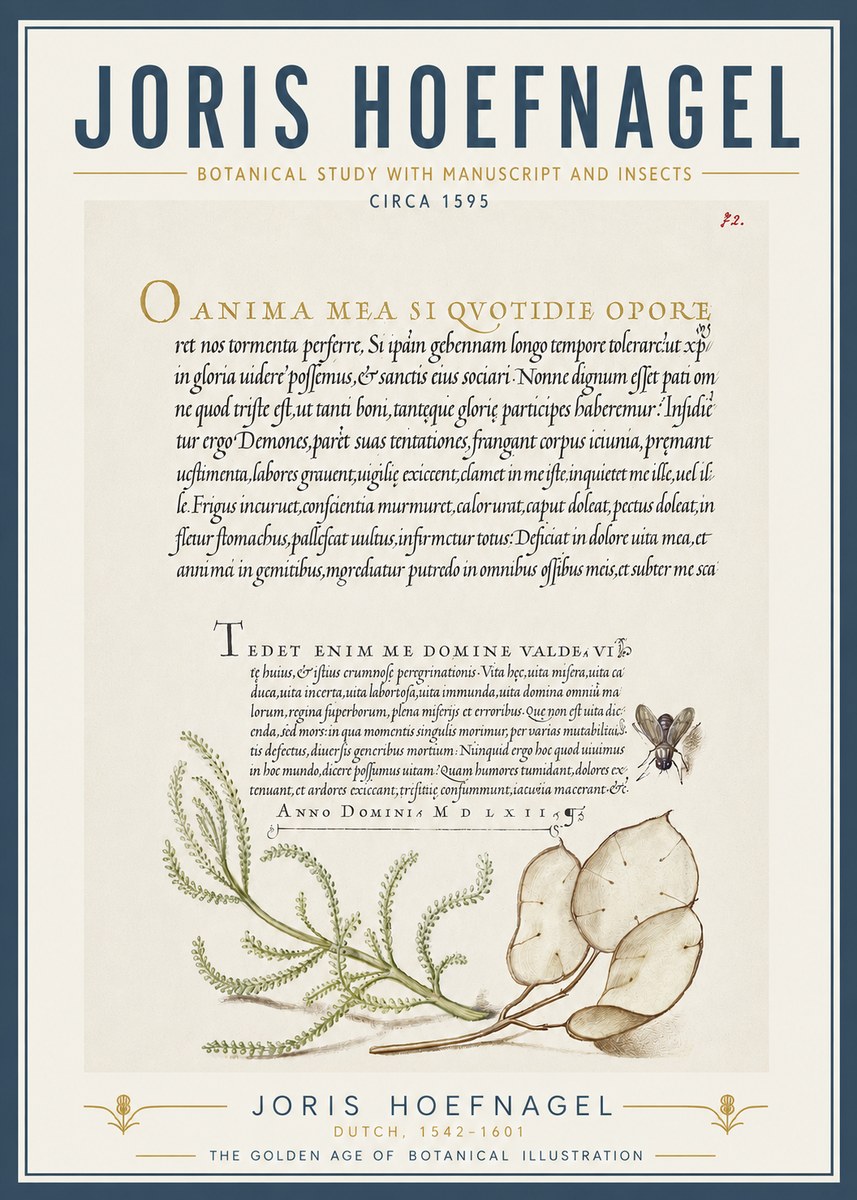 Joris Hoefnagel Botanical Study with Manuscript and Insects No5 - Plakát