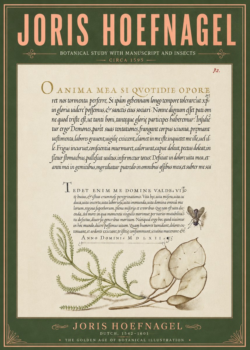 Joris Hoefnagel Botanical Study with Manuscript and Insects No6 - Plakát