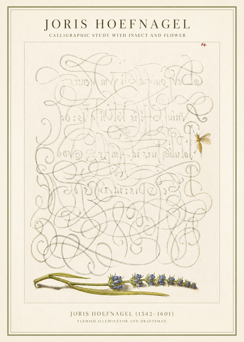 Joris Hoefnagel Calligraphic Study with Insect and Flower No1 - Plakát