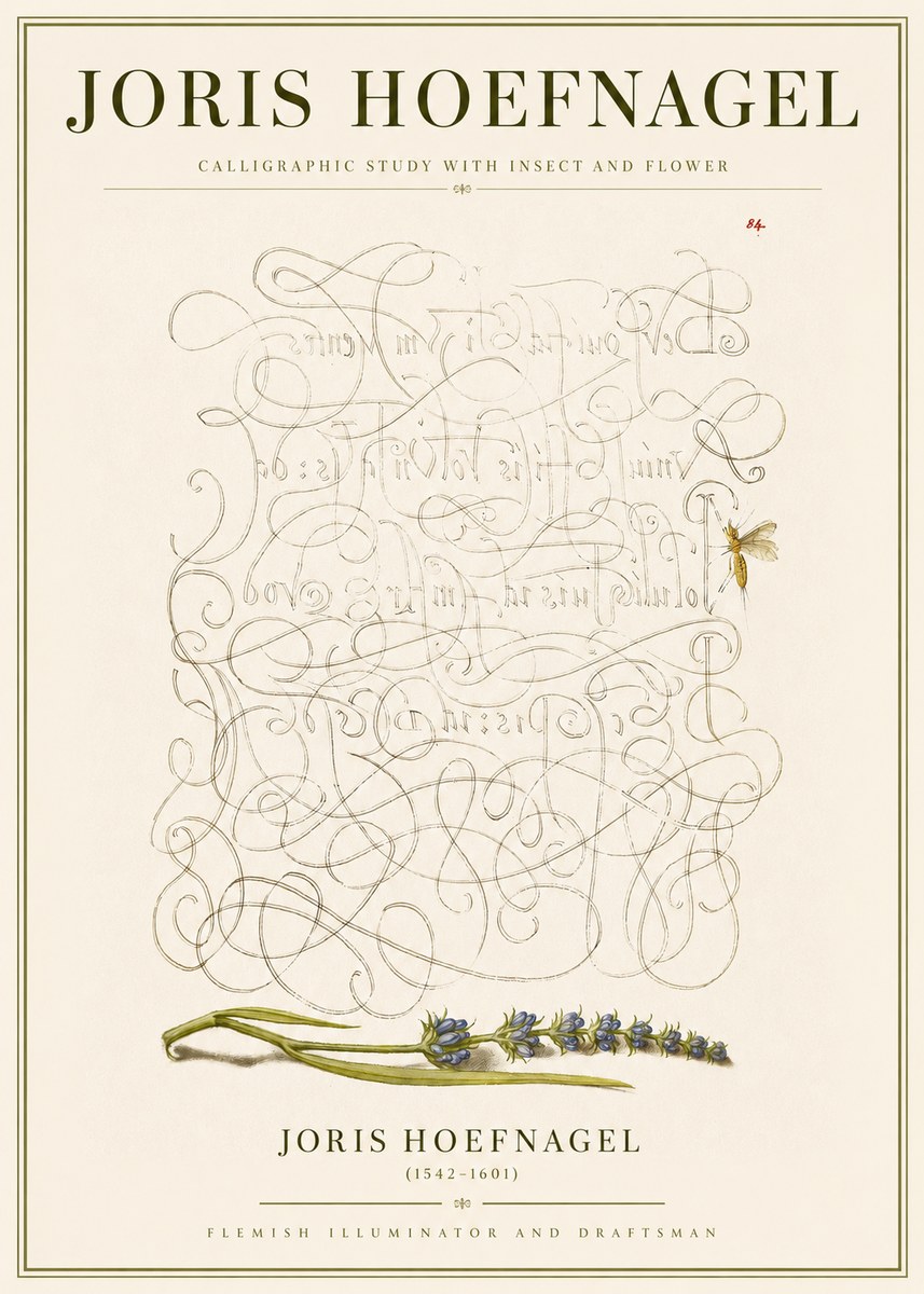 Joris Hoefnagel Calligraphic Study with Insect and Flower No3 - Plakát