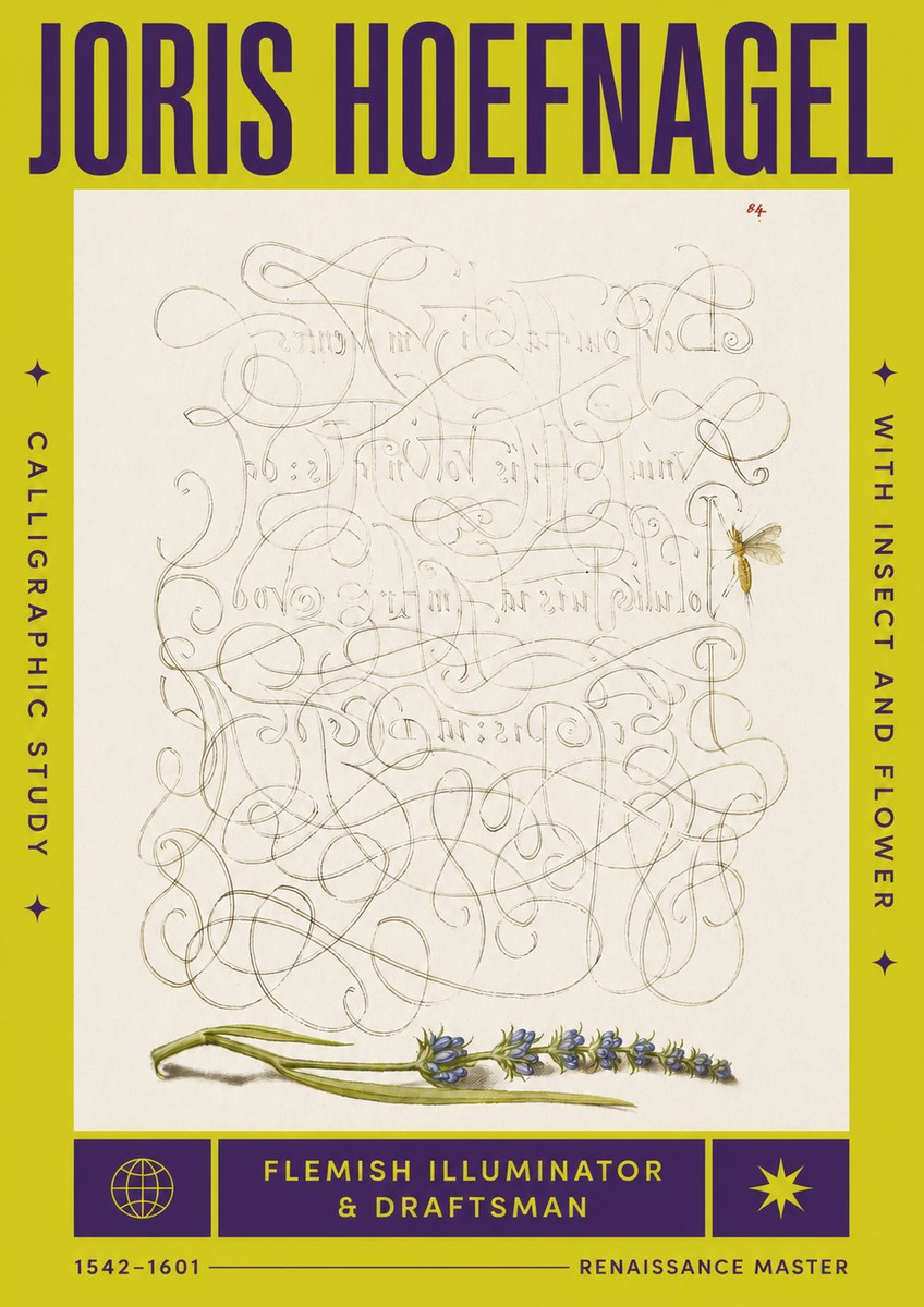 Joris Hoefnagel Calligraphic Study with Insect and Flower No4 - Plakát