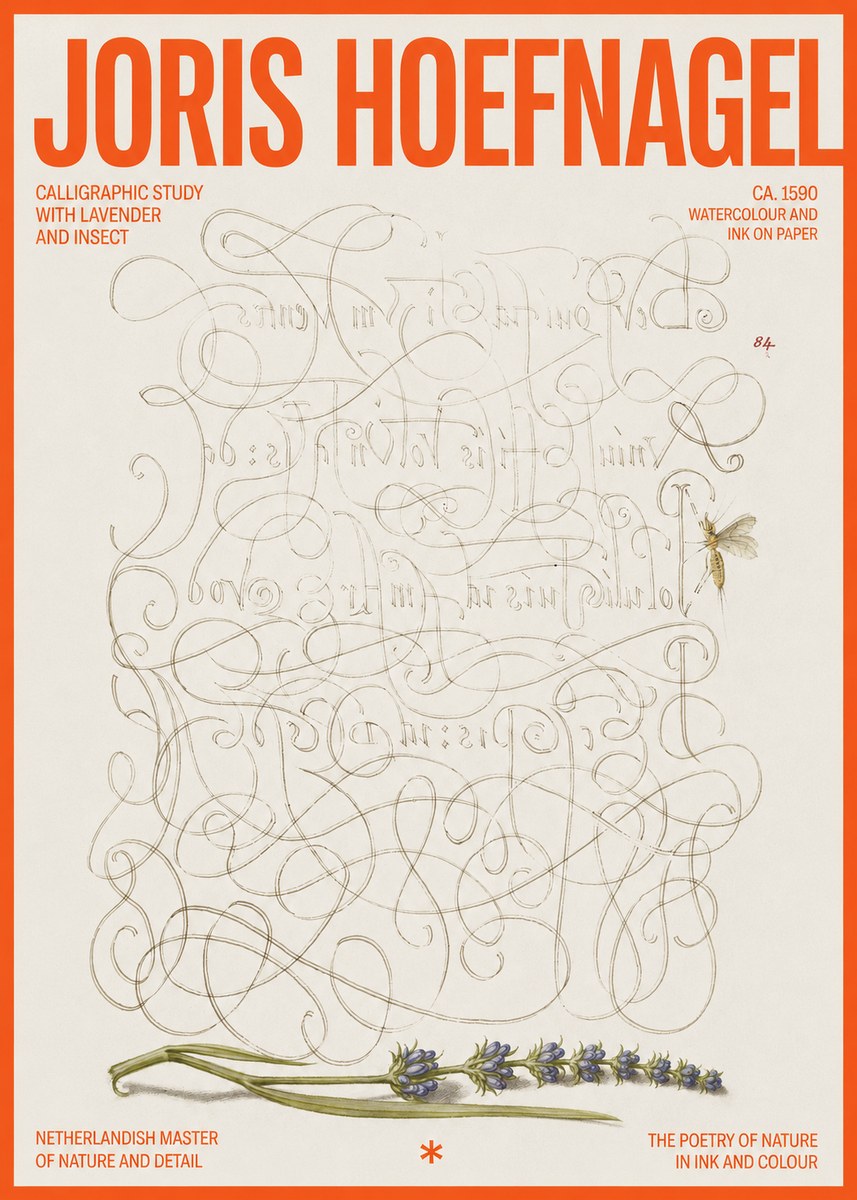 Joris Hoefnagel Calligraphic Study with Insect and Flower No6 - Plakát