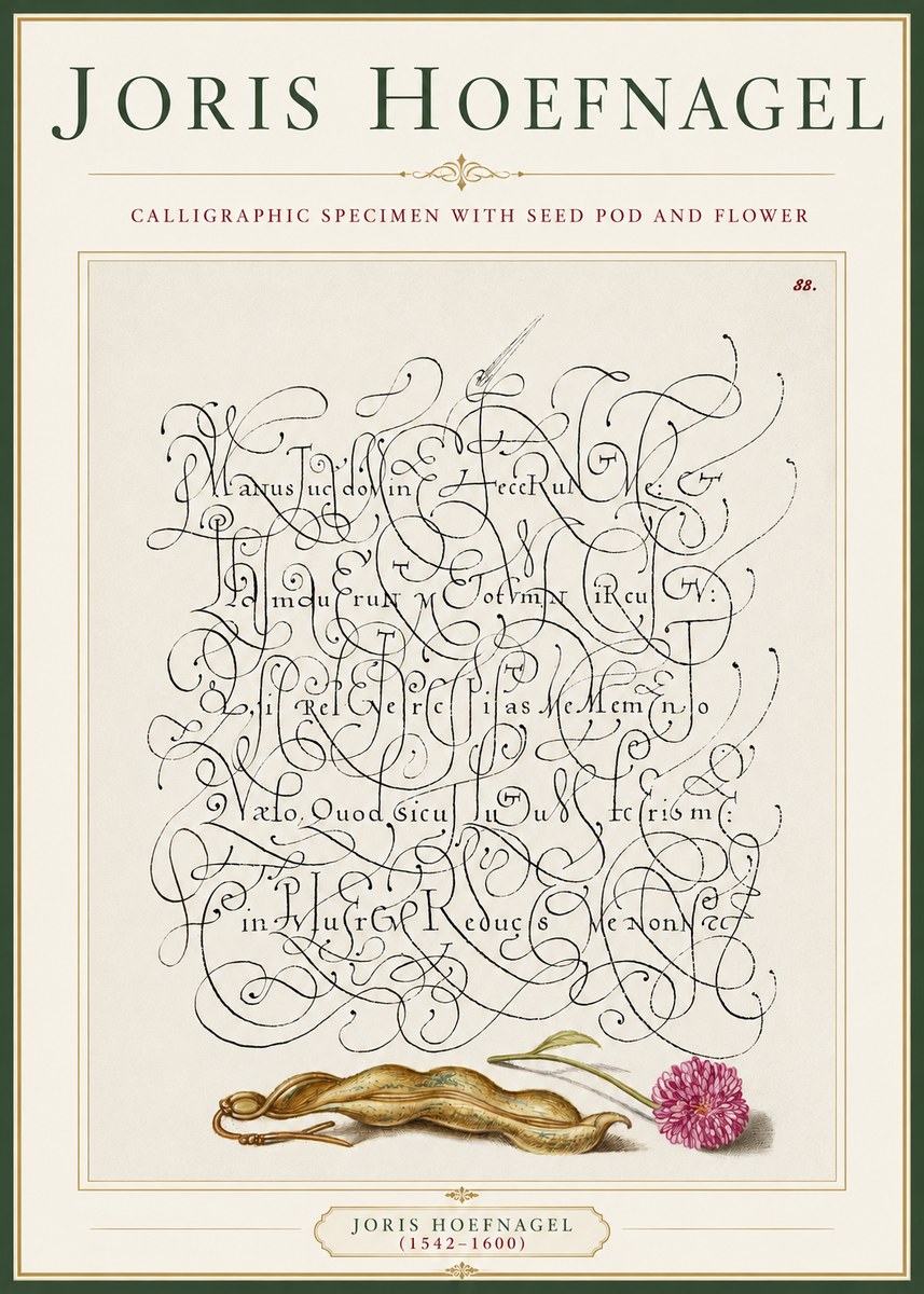 Joris Hoefnagel Calligraphic Specimen with Seed Pod and Flower No3 - Plakát