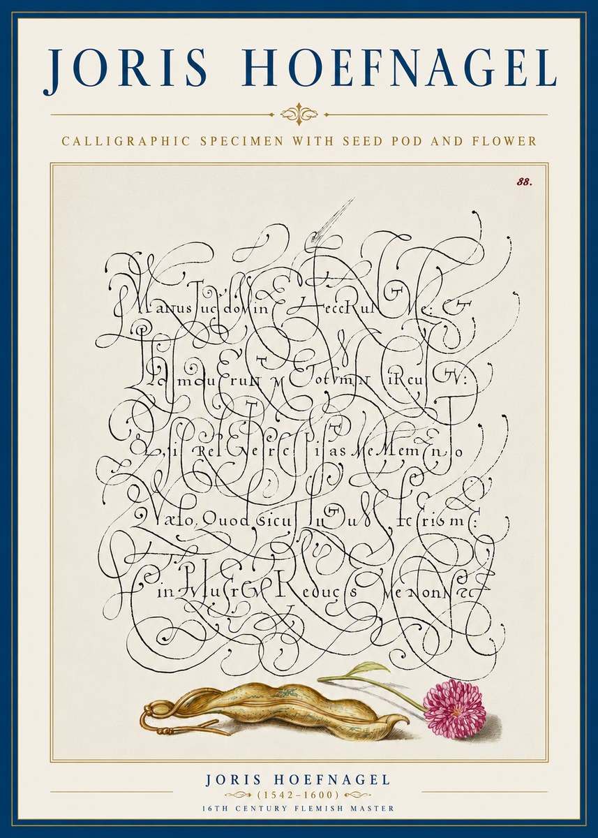 Joris Hoefnagel Calligraphic Specimen with Seed Pod and Flower No5 - Plakát