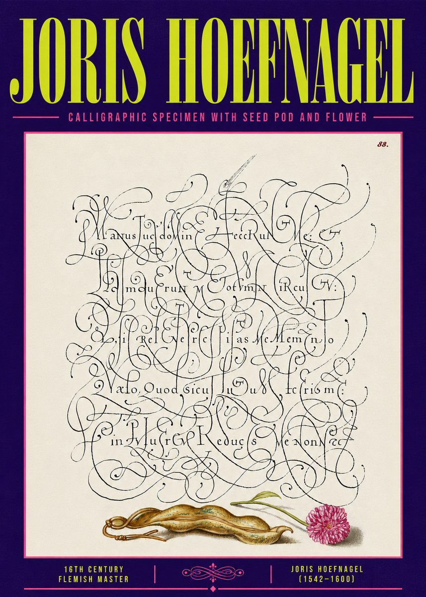 Joris Hoefnagel Calligraphic Specimen with Seed Pod and Flower No6 - Plakát