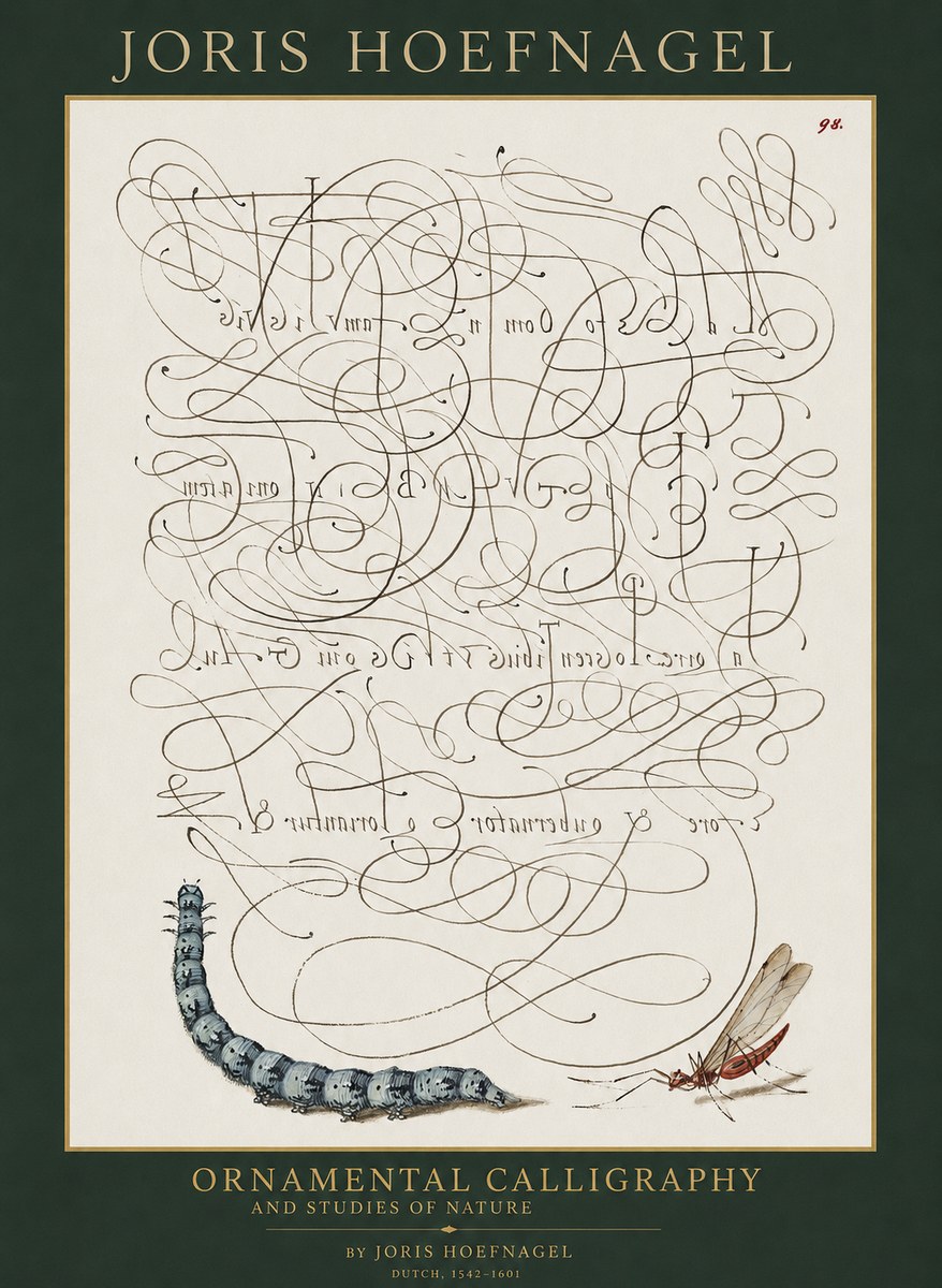 Joris Hoefnagel Ornamental Calligraphy and Studies of Nature No1 - Plakát