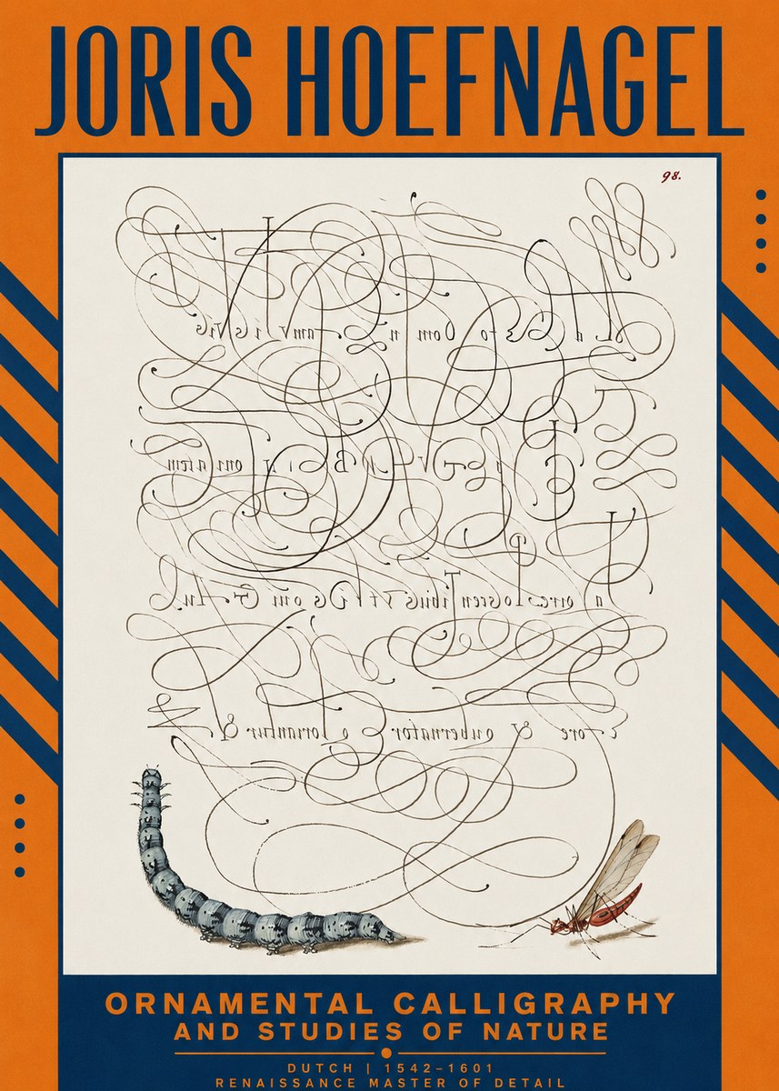 Joris Hoefnagel Ornamental Calligraphy and Studies of Nature No2 - Plakát