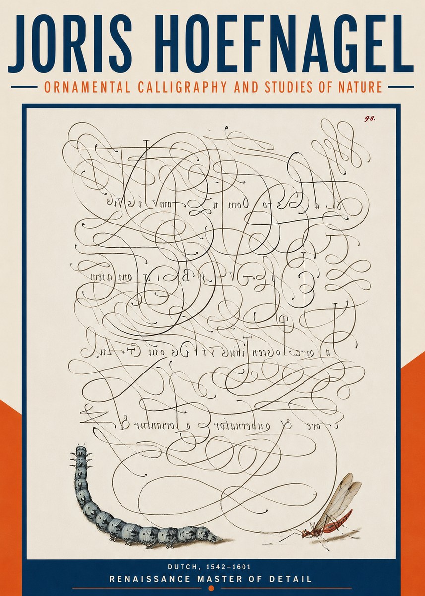 Joris Hoefnagel Ornamental Calligraphy and Studies of Nature No4 - Plakát