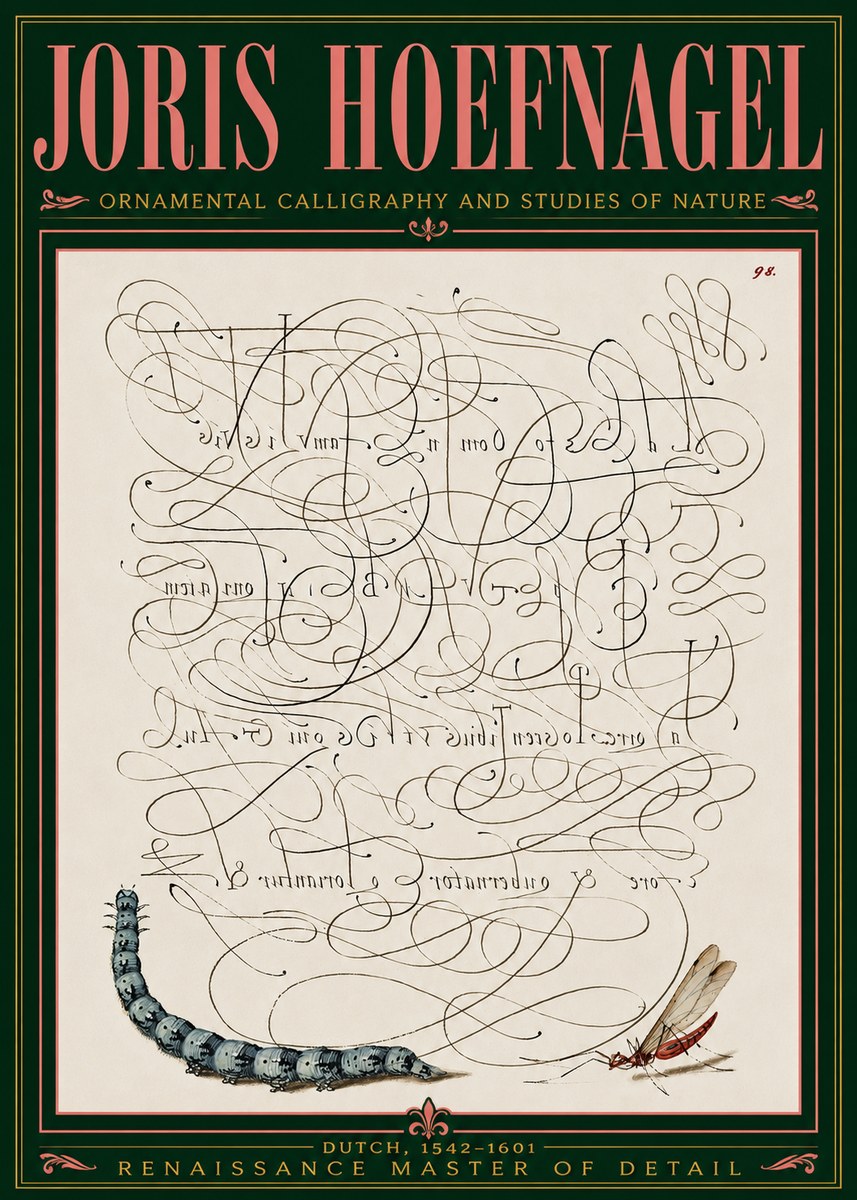 Joris Hoefnagel Ornamental Calligraphy and Studies of Nature No5 - Plakát