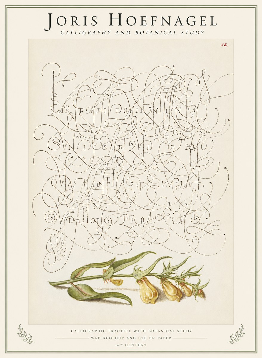 Joris Hoefnagel Calligraphic Practice with Botanical Study No1 - Plakát