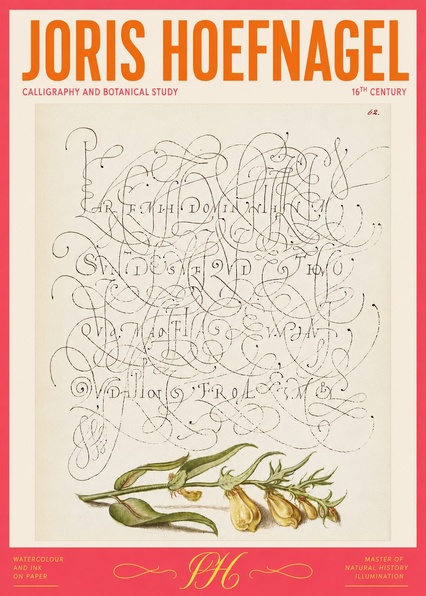 Joris Hoefnagel Calligraphic Practice with Botanical Study No2 - Plakát