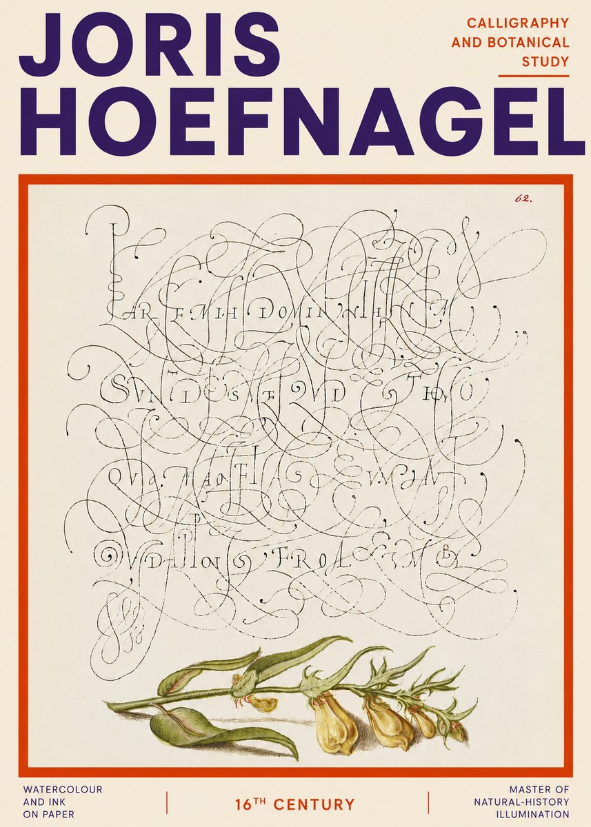 Joris Hoefnagel Calligraphic Practice with Botanical Study No4 - Plakát