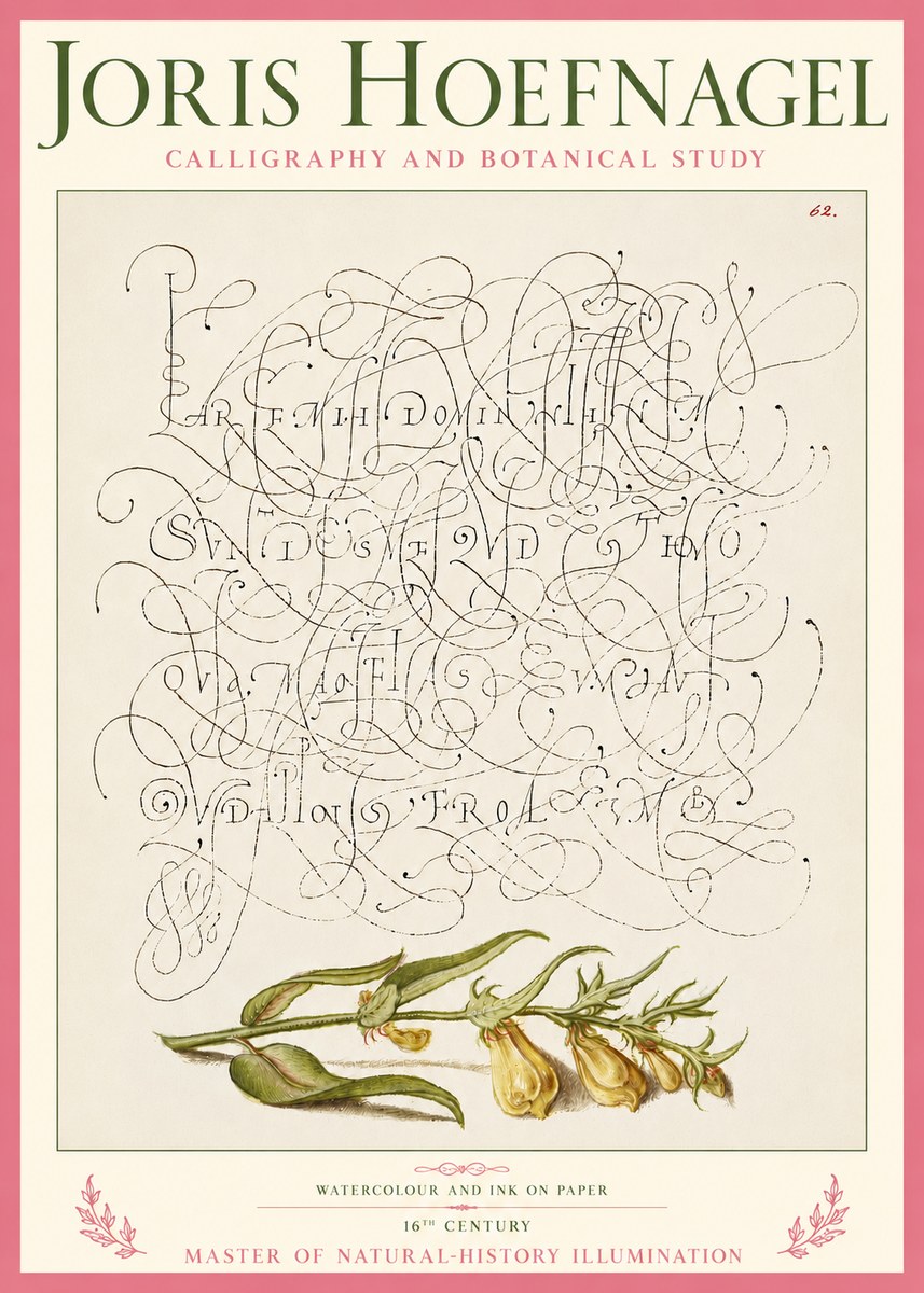 Joris Hoefnagel Calligraphic Practice with Botanical Study No5 - Plakát