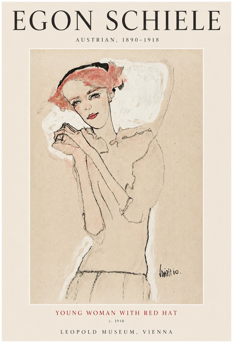 Schiele Young Woman with Red Hat No1 - Plakát