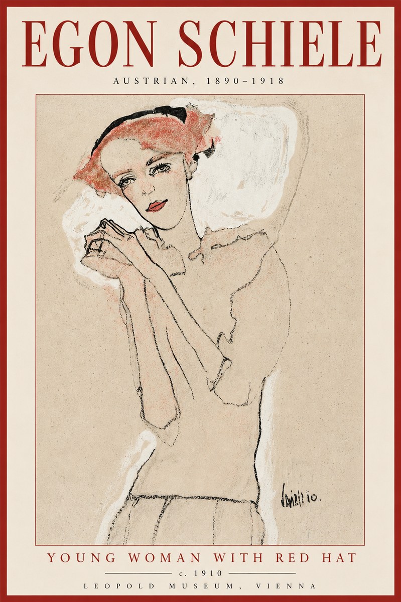 Schiele Young Woman with Red Hat No2 - Plakát