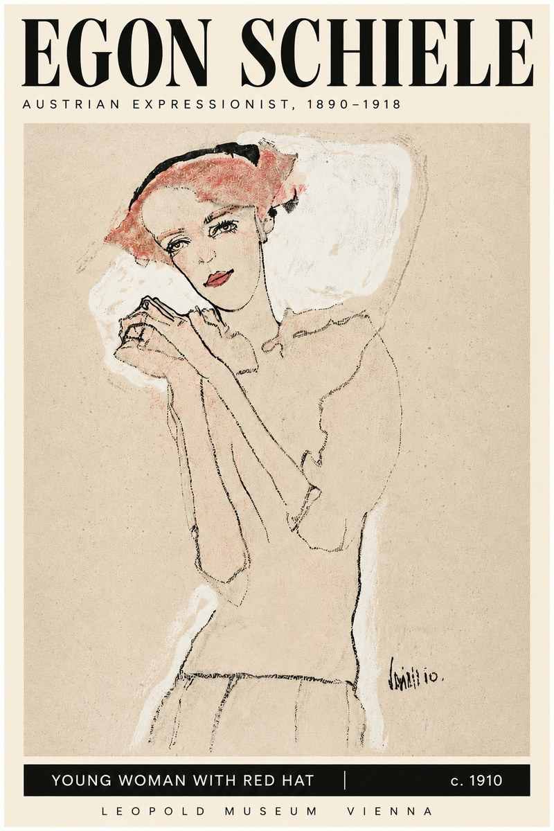 Schiele Young Woman with Red Hat No3 - Plakát