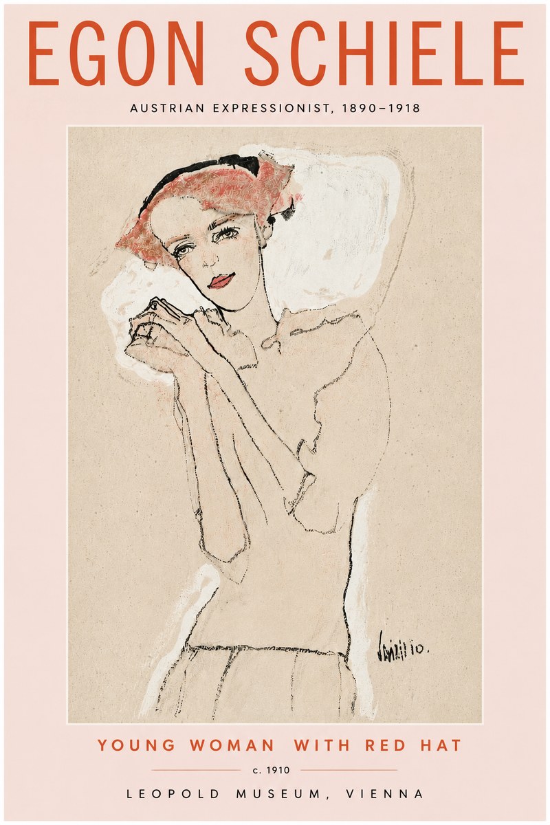 Schiele Young Woman with Red Hat No6 - Plakát
