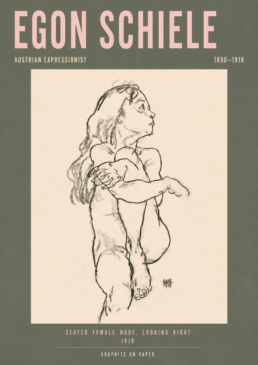 Schiele Seated Female Nude, Looking Right No4 - Plakát