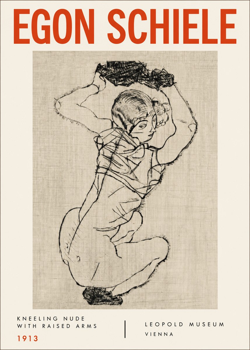Schiele Kneeling Nude with Raised Arms No4 - Plakát
