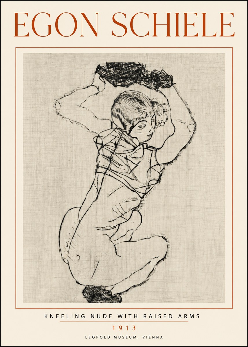 Schiele Kneeling Nude with Raised Arms No5 - Plakát