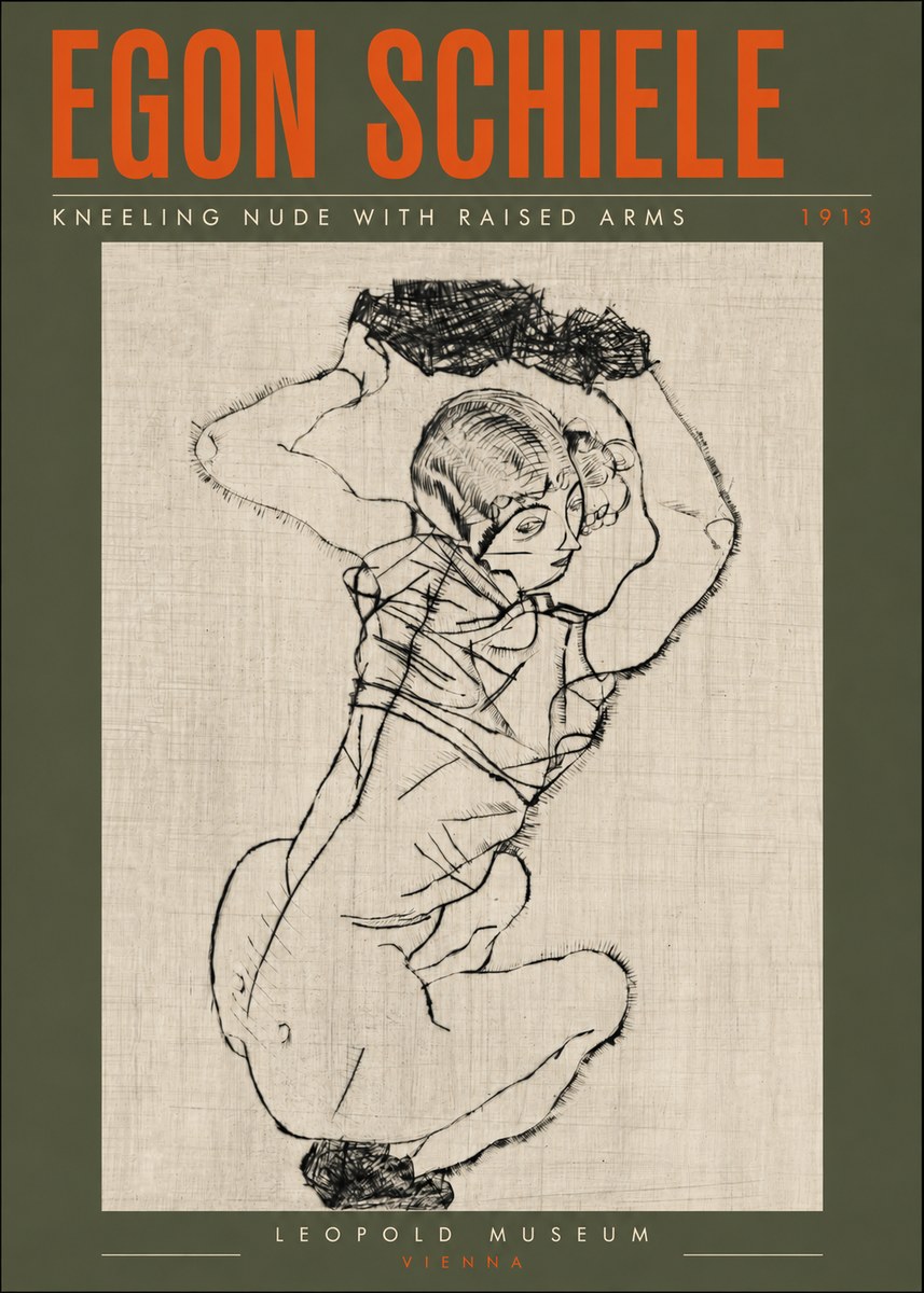 Schiele Kneeling Nude with Raised Arms No6 - Plakát