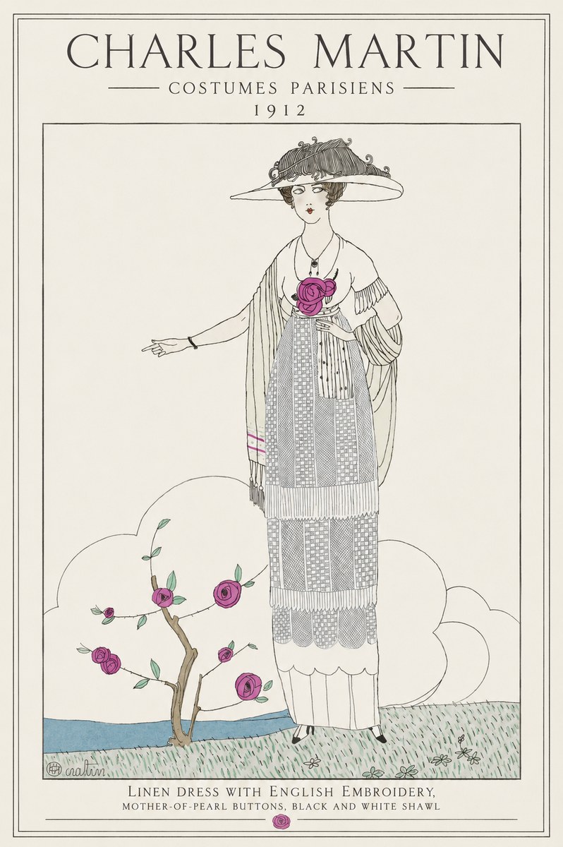 Charles Martin Linen Dress with English Embroidery, Mother-of-pearl Buttons, Black and White Shawl No1 - Plakát