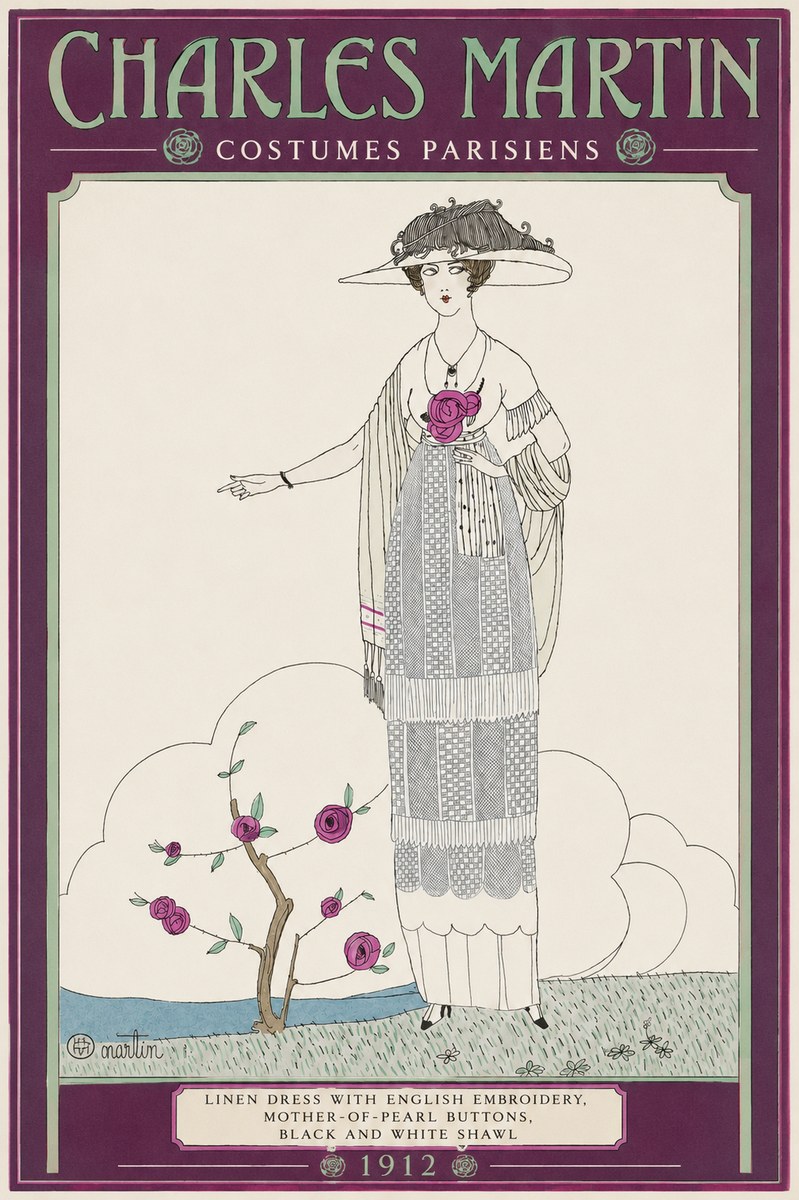 Charles Martin Linen Dress with English Embroidery, Mother-of-pearl Buttons, Black and White Shawl No2 - Plakát
