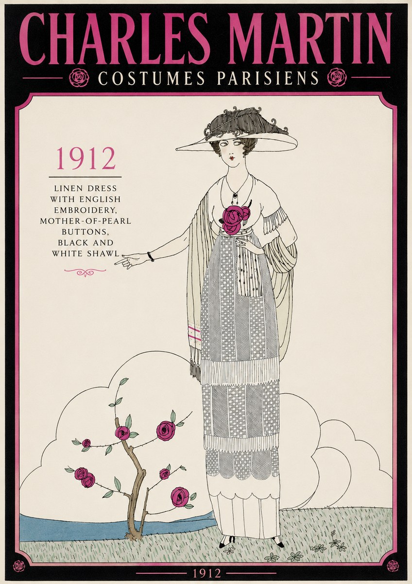 Charles Martin Linen Dress with English Embroidery, Mother-of-pearl Buttons, Black and White Shawl No3 - Plakát