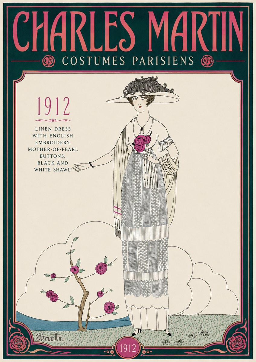 Charles Martin Linen Dress with English Embroidery, Mother-of-pearl Buttons, Black and White Shawl No4 - Plakát
