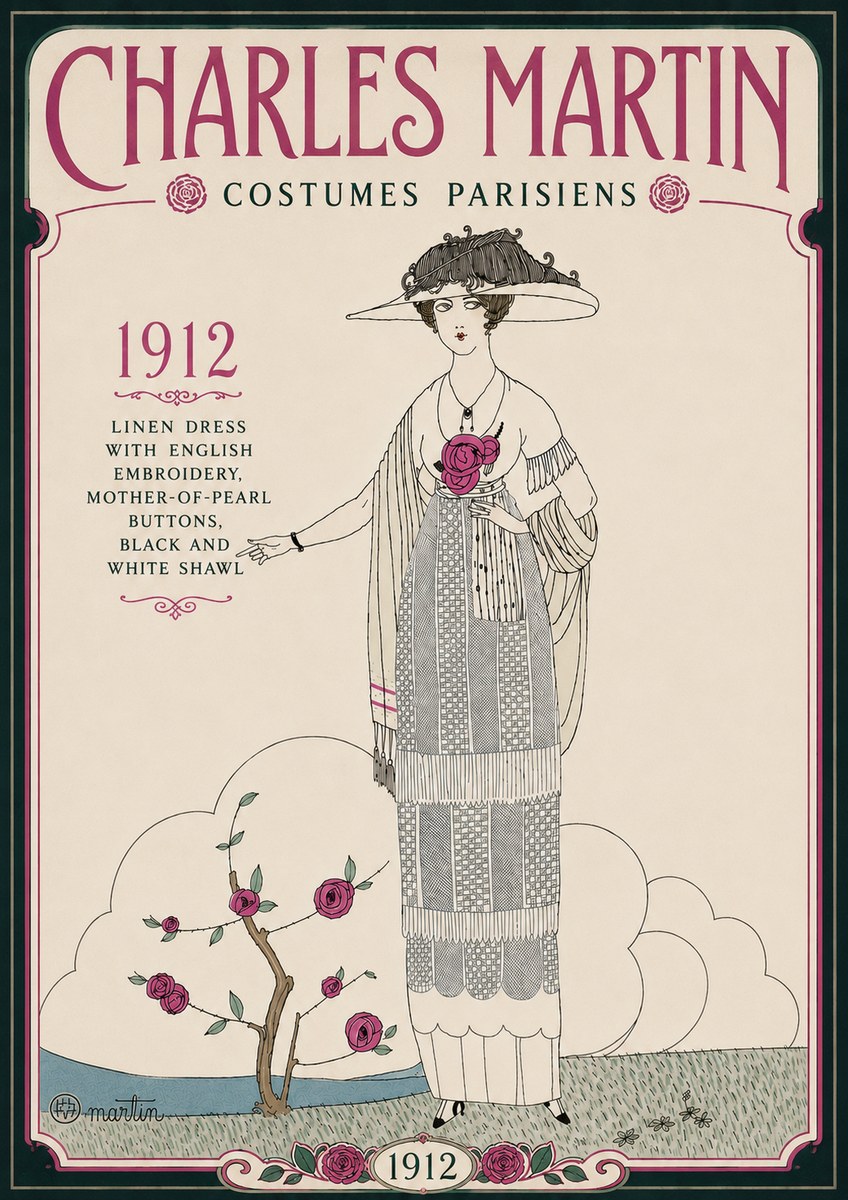 Charles Martin Linen Dress with English Embroidery, Mother-of-pearl Buttons, Black and White Shawl No6 - Plakát